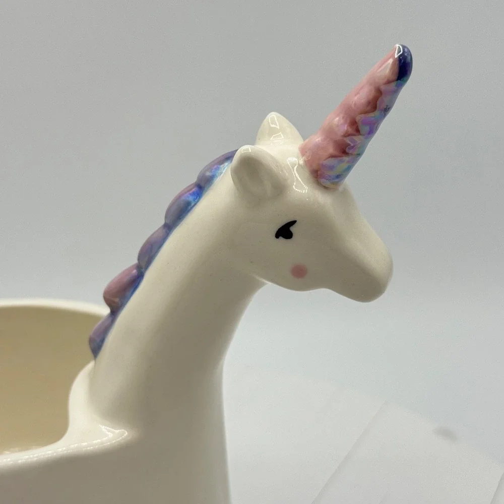 Adorable Unicorn Planter with Pink and Purple Iridescent Horn, Mane and Tail 7